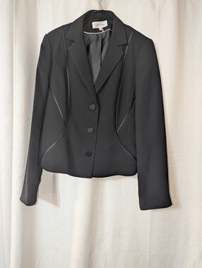 Calvin Klein Slightly Fitted Decorative Piping Black Button up Blazer Size 12